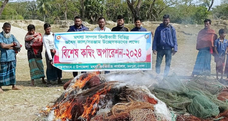 মনপুরায় আগুনে পুড়িয়ে অবৈধ জাল ধ্বংস, এতিমখানায় গেল মাছ