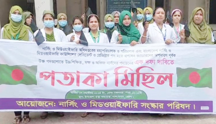 লালমোহনে নার্স এবং মিডওয়াইফদের পতাকা মিছিল